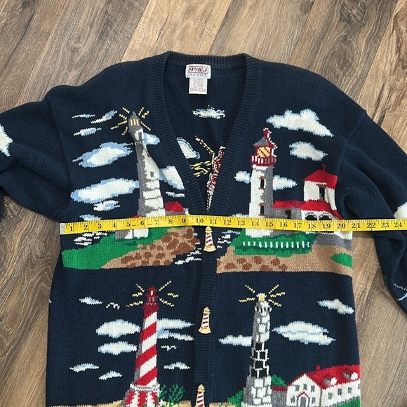 Vintage PBJ Sport Navy Blue Lighthouse Nautical Novelty Cardigan Size Large - Picture 9 of 16